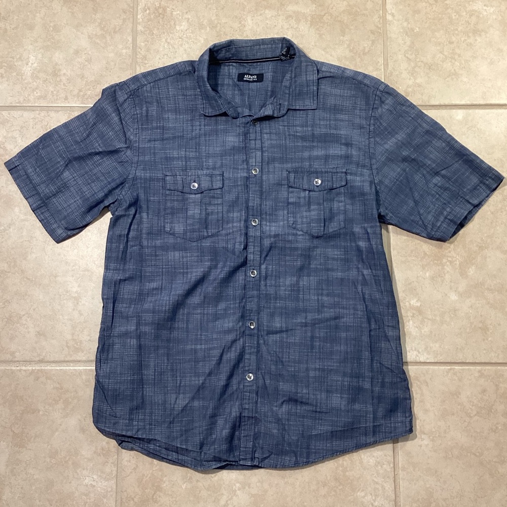Alfani Blue Regular Fit Casual Buttoned Short Sleeve Shirt Men’s Size La…